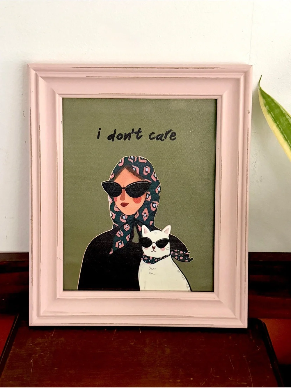 “I Don’t Care” Cat Lady Vintage Style Framed Wall Art Print Pink Green 10.5x12.5